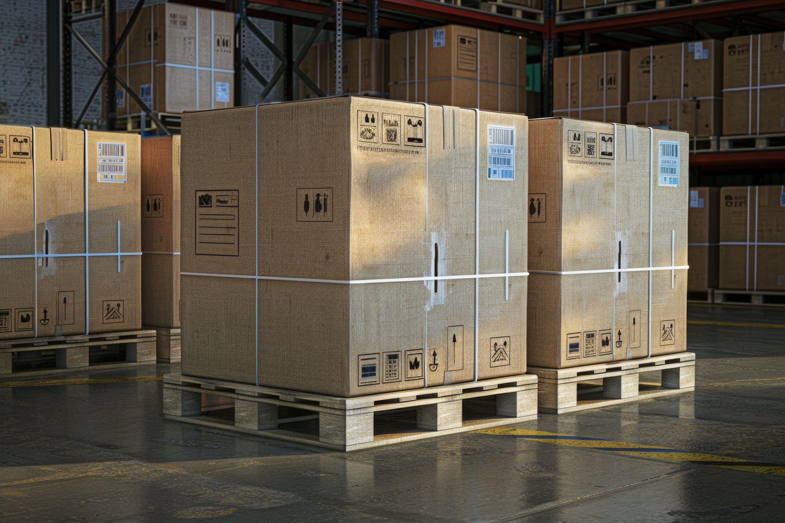 Cajas de cartón corrugado almacenadas sobre tarimas